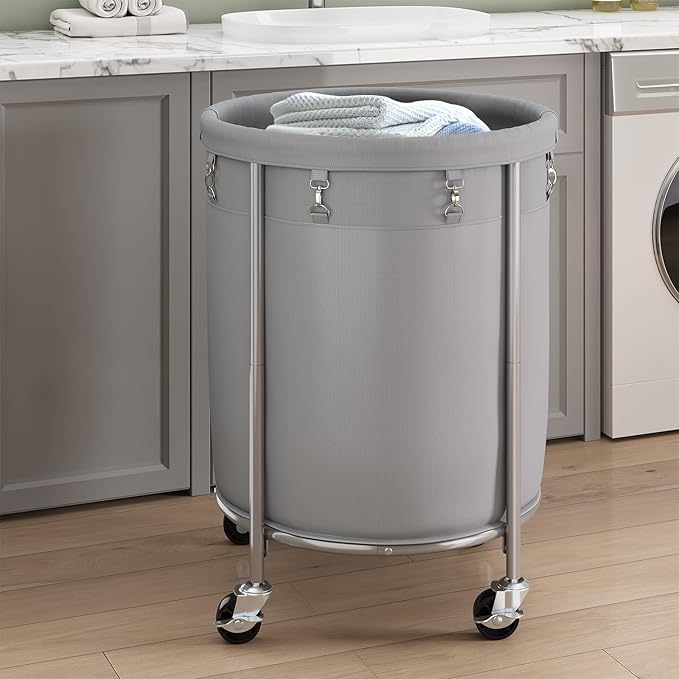ELYKEN 190L Laundry Basket with Wheels, Large Rolling Laundry Hamper with Removable Liner Bag, Round Rolling Laundry Cart, Dirty Clothes Hamper for Hotel, Home, Closet, Dorm, Gray