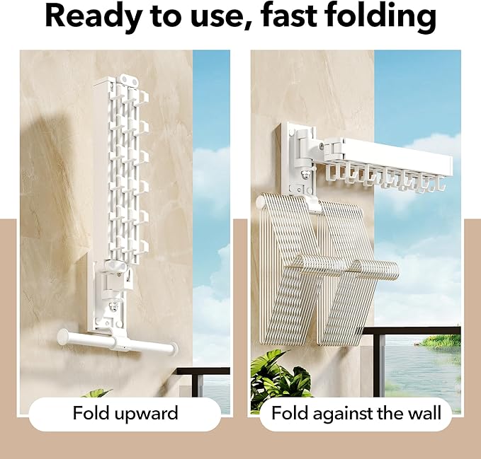 HEILAIYI Wall Mounted Clothes Hanger,Clothes Drying Rack,Laundry Drying Rack,Clothes Rack Wall Mount,Drying Rack Clothing,Retractable,Collapsible,can Fold Upward & Left & Right (Upgrade-White)