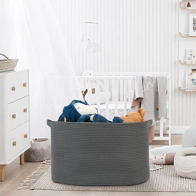 MEGASKET Extra Large Rope Basket, 23.6" x 17" x 12" Rectangle Wicker Baby Laundry Basket, Kids Toy Storage Baskets, Woven Basket for Blankets Clothes Pillows, Laundry Room Organization, Dark Grey