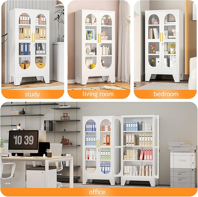 PAOFIN 47" H Locking Display Cabinet with Glass Door, Metal Cabinets with 3 Adjustable Shelves, Cabinet Display Case for Living Room, Collectibles, Clinic, Home - Assembly Required White