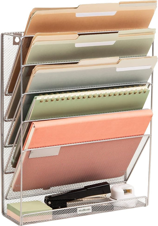 Mind Reader 5-Pocket Vertical File Storage, Desktop Organizer, Wall Mount, Office, Metal Mesh, Silver