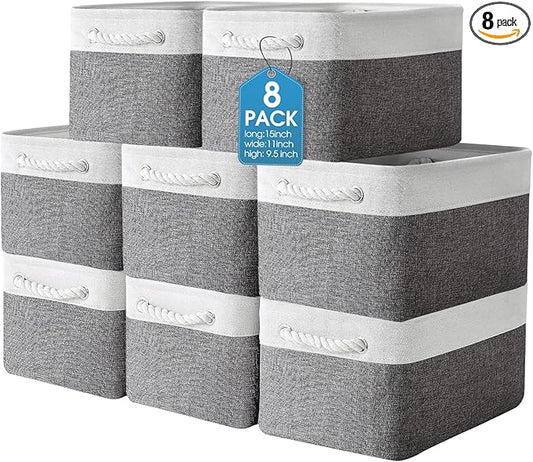 meekoo 8 Pack Collapsible Storage Bins Fabric Storage Bins Polyester Fabric Baskets with Handles Linen Closet Organizer for Shelf Home Closet Towels Toys(15 x 11 x 9.5 in,Gray White)