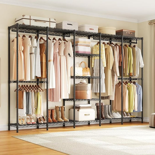 ONBRILL F5 Extra Large Industrial Pipe Clothing Rack, Freestanding Portable Closet Organizer System with Shelves & Hanging Rods, 88.6'' Wide Heavt Duty Clothes Rack, Max Load 1300lbs, Black
