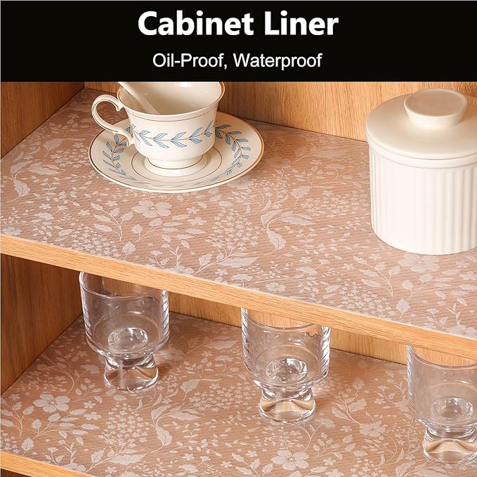 INNOLITES Shelf Liner for Kitchen Cabinets, Non-Adhesive Drawer Liner, Waterproof Washable EVA Floral Pattern, Protect Dresser Cupboard Refrigerator Shelves (Ivory Herb, 17.5" x 197")