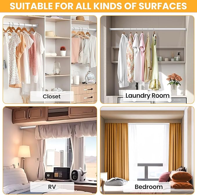 Closet Rods for Hanging Clothes, 17-98 Inch No-Cut Stepless Adjustable Closet Rod, 1.3 Inch Heavy Duty Metal Closet Hanging Rod with Brackets, White Closet Bar for Closet, Laundry Room, RV, Wardrobes