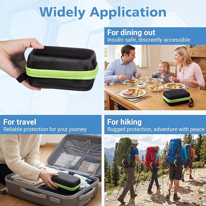 Teenyyou 6 Slots Insulin Peptide Fridge Carrying Case Vial Holder Storage Protector Bag, Fits Standard 10ml Vials, Insulin Cooler Travel Kits Case Diabetes Protector(Black, Green Zipper)