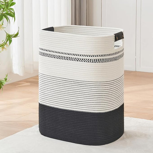 AINUOQI Laundry Basket with Handles - Blanket Basket & Hampers for Bedroom Aesthetic, Laundry Hamper & Blanket Storage for Living Room, Clothes Hamper, Tall, Large 17" x 14" x 22”, Black & White