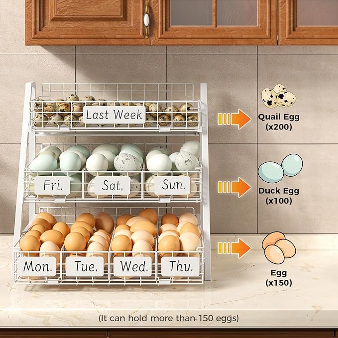 Sevenblue Upgraded Egg Holder Countertop with Removable 5 Dividers & Date Plate, 3 Tier Pull Out Large Egg Basket for Gathering Fresh Eggs, Kitchen Organizer, The Size - 16.7“x16.6”x11.3