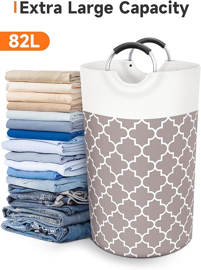 Fabspace Large Laundry Basket Laundry Hamper Bag Washing Bin Clothes Bag Collapsible Tall with Handles Waterproof Travel Bathroom College Essentials Storage for College Dorm, Family (Khaki) 82L