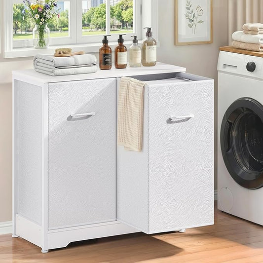 Pull-Out Laundry Sorter Cabinet With Removable Bags, Laundry Basket, 140L (2x70L) Laundry Hamper 2 Section For Organized Bedroom, Laundry Room, White