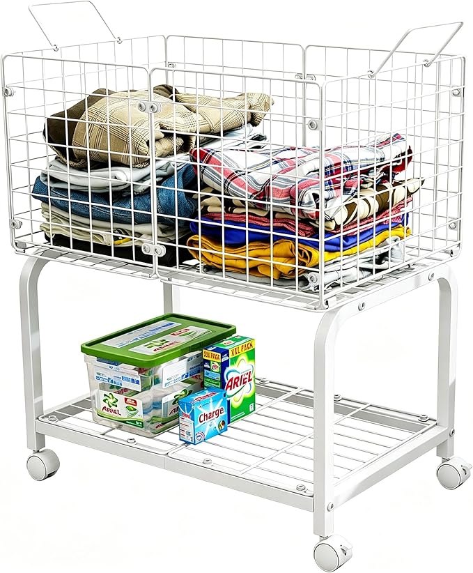 2-Tier Rolling Laundry Basket Cart with Wheels,Bathroom Laundry Hamper Cart with Handle and Divider,Multi-Purpose Storage Organizer for Laundry Room, Bathroom, Kitchen, Bedroom
