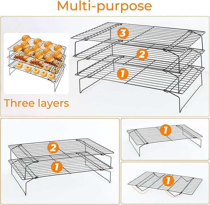4-Tier Collapsible Cooling Racks, Detachable Wire Cooling Rack Stackable Drying Rack for Cookie Bread Pizza Baking (3Tier)