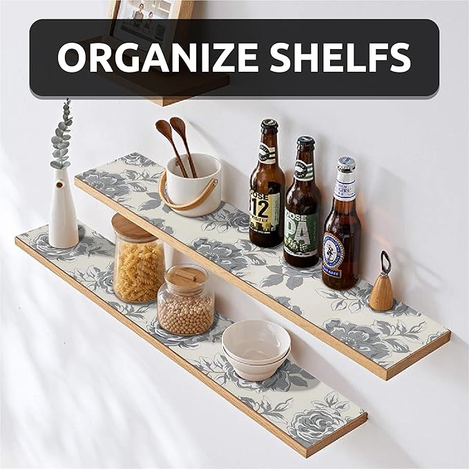 12X120 Inch Shelf Liner for Kitchen Cabinets, PVC Drawer Liner for Dresser Non-Slip Bathroom, Non-Adhesive Cabinet Liner Washable (Black Flower)(1 Roll)