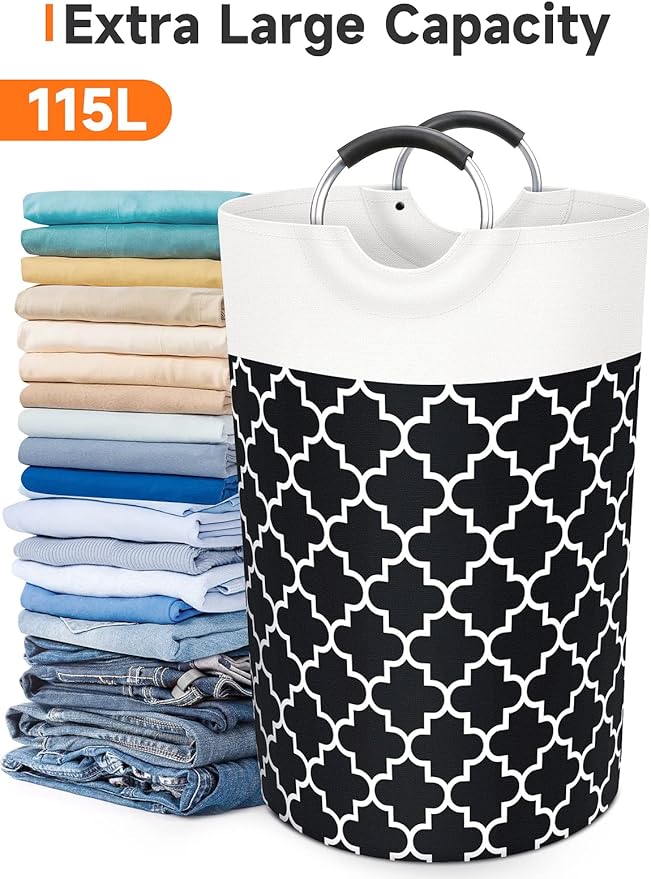 Fabspace Large Laundry Basket Laundry Hamper Bag Washing Bin Clothes Bag Collapsible Tall with Handles Waterproof Travel Bathroom College Essentials Storage for College Dorm, Family (Black) 115L
