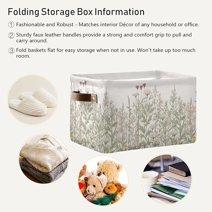 xigua Vintage Colorful Herbs Wild Flowers Floral Storage Basket Collapsible Toy Storage Bins Waterproof Canvas Storage Basket with Leather Handles for Home Closets Offices,Bedrooms,Kids Toy and Gift