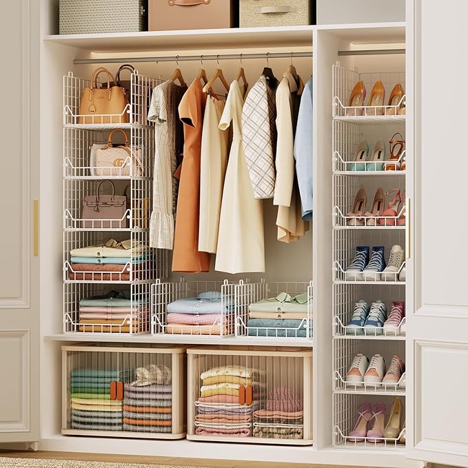 Jakyitvi 6-Tier Closet Shelf Organizer,Metal Stackable Closet Organizers and Storage,Clothes Storage Bins,Shelf Organizer Basket ,Folded Shelf Organizer for Closet Wardrobe,White