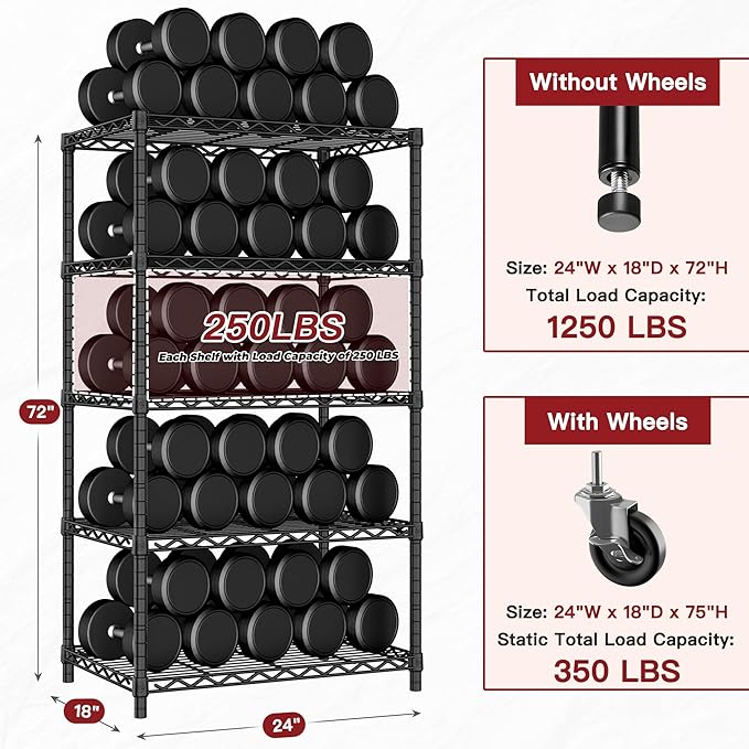 PrimeZone Wire Shelving Unit with Wheels, 5 Tier Adjustable NSF Certified Heavy Duty Metal Storage Shelves, Pantry Organizer Shelf Rolling Bakers Rack for Closet Garage, 24" W x 18" D x 75" H, Black