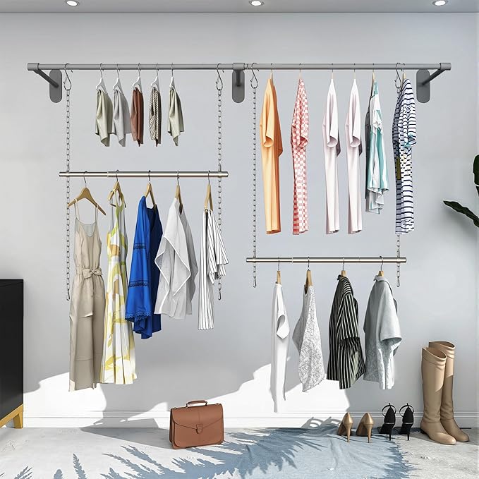 Closet Hanging Rod, Adjustable Width and Height Closet Extender Hanging Rod, Space-Saving Clothes Hanging Bar, 30-40 Inches, 2 Pack