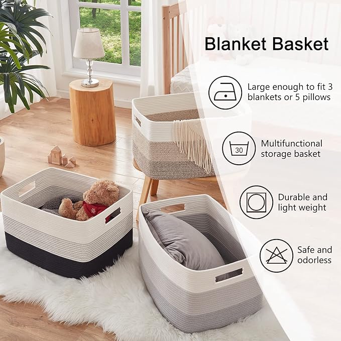 OIAHOMY Large Blanket Basket, 22”x17”x12” Rectangle Woven Baskets, Nursery Blanket Storage Living Room, Toy Storage With Handle, Large Baskets for Organizing-Gradient Black