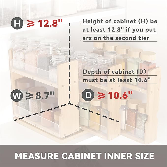 Bamboo Pull Out Spice Rack Organizer for Cabinet, 3 Slide-Out Drawers(2"&3") with Wide Drawer for Large Bottles, Kitchen Pantry Heavy-Duty Sliding Vertical Organization, 8.6"W,2-Tier,No Drill,Natural