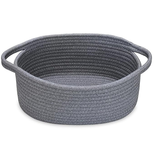 ABenkle Small Woven Storage Basket with Handles - 12"x8"x5", Decorative Rope Bin for Home Organization, Cat & Dog Toys, Shelf Storage, Gift Basket - Deep Grey