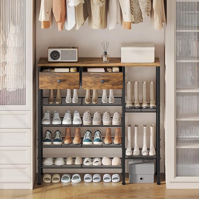 YATINEY 6-Tier Shoe Rack for Entryway, Freestanding Shoe Shelf with 2 Drawers and Tabletop, Metal Shoe Organizer for Closet, Entryway Shoe Storage Holds 26 Pairs, Rustic Brown and Black SS13BR