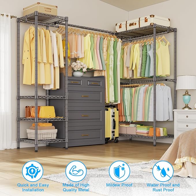 ULIFHOME E10L L-Shaped Clothes Rack for Corner（With Expandable Hanger Rod）Heavy Duty Freestanding Clothing Racks for Hanging Clothes，Portable Garment Rack 58-82"W x 30"D x 72"H，Max Load 900LBS，Grey