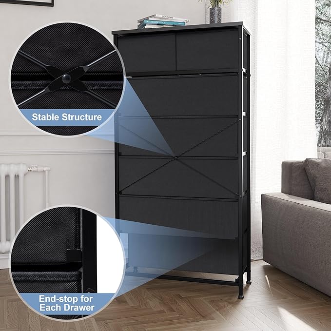 Crestlive Products Vertical Dresser Storage Tower - Sturdy Steel Frame, Wood Top, Easy Pull Fabric Bins, Handles - Organizer Unit for Bedroom, Hallway, Entryway, Closets - 7 Drawers (Black)
