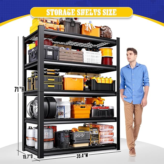 71" H Garage Shelving 5-Tier Heavy Duty Storage Shelves, Tool-Free Adjustable Metal Shelf Unit, Utility Organizer Rack for Basement, Pantry, Kitchen, Warehouse, 15.7" Dx35.4 Wx71 H, Black