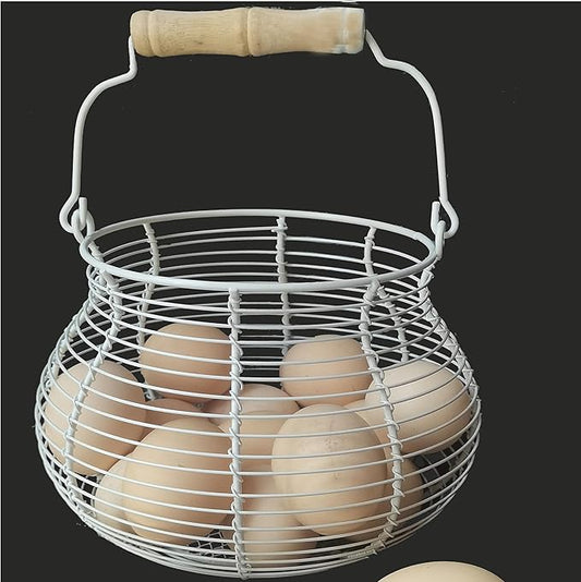 LINCOUNTRY.Chicken Egg Basket for collecting Eggs,Farmhouse Wire Egg Basket for Gathering Fresh Eggs with Handle Vintage Cream Metal Basket for Countertop Kitchen Storage