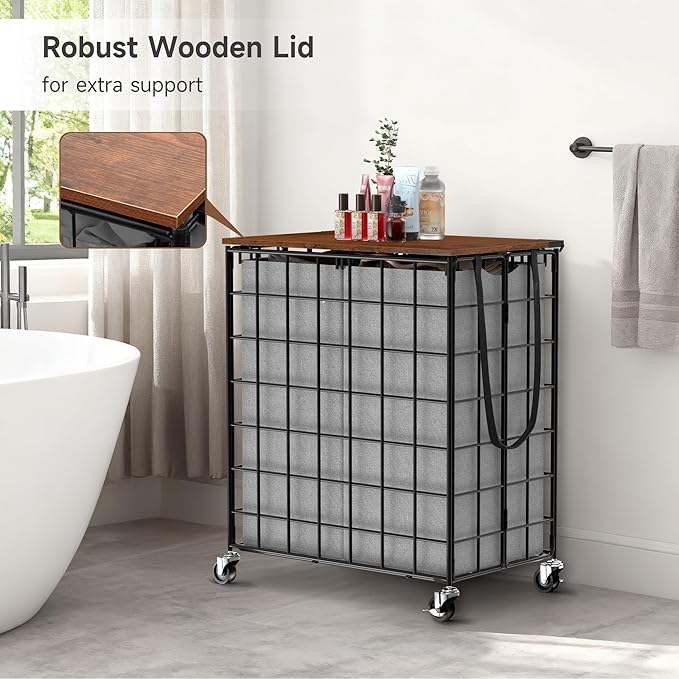 Laundry Basket with Wheels, Heavy Duty Laundry Sorter 2 Sections, Large Capacity 120L (32Gal.) Laundry Hamper with Wood Lid, 360 Rolling Wheels, Extra Side Pocket, Leather Pull Handle, Grey