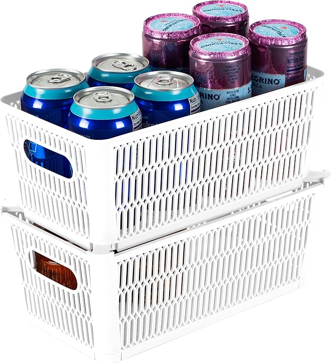 Simplify 4Pk Small Slide 2 Stack It Tote Basket | Storage & Organization | Open Bins with Stackable Capability | Bathroom | Crafts | Pantry | Playroom | Office | White