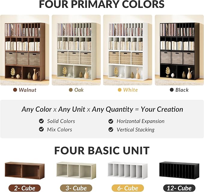 IOTXY DIY Modular Cube Bookcase - CubeXY Customizable Stackable Expandable Combination Set, 23-Cube Open Bookshelf for Books, Fabric Storage Bin, and 7/10-inch Vinyl Record Organizer, Black