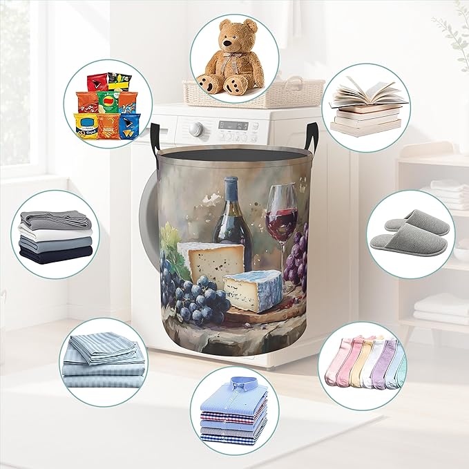 Laundry Hamper Foldable Oxford Cloth Wine Grapes Laundry Basket With Handle Portable Clothes Storage Organizer Basket Storage Bag For Laundry Room/Bedroom/Bathroom