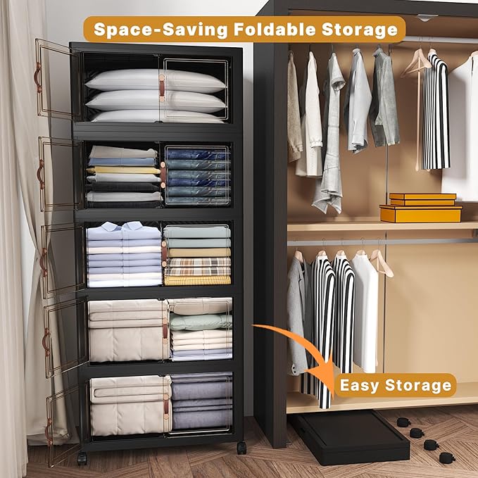 UAMFURI Extra Large Stackable Storage Bins with Lids & Wheels, 600QT-120QT/30GAL*5Pack Foldable Collapsible Closet Organizers Storage Cabinet with Doors for Bedroom Dorm