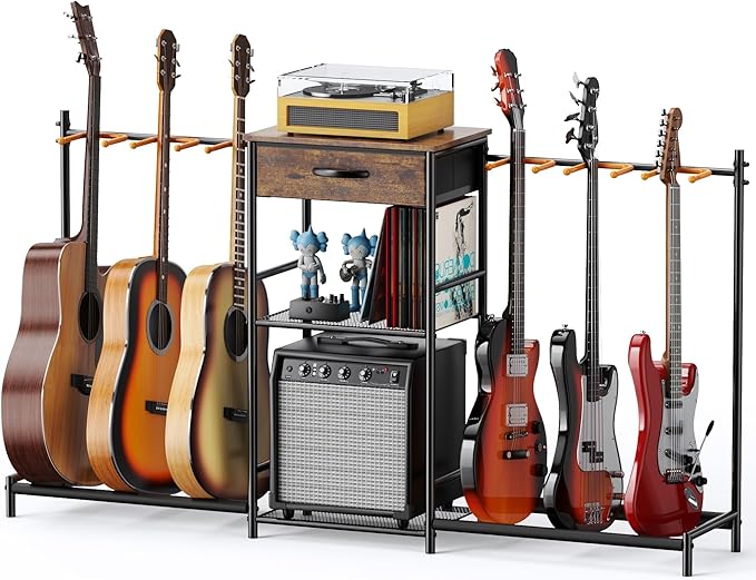 Guitar Stands Floor with 6 Guitar Holders, 3-Tier Guitar Stand Multiple Guitars, Guitar Rack with Amp Stand & Cloth Drawer, Multi Guitar Stand for Music Studio, Guitar Accessories gift for Music Lover