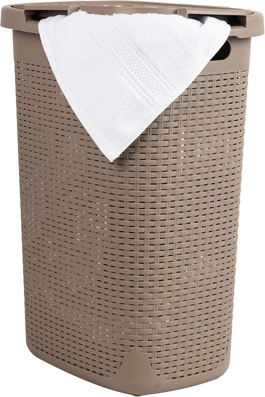 Mind Reader Slim Laundry Hamper with Lid, 60L Tall Clothes Basket, Narrow Tapered Design for Bathrooms, Closets and Laundry Rooms, Plastic, Tan