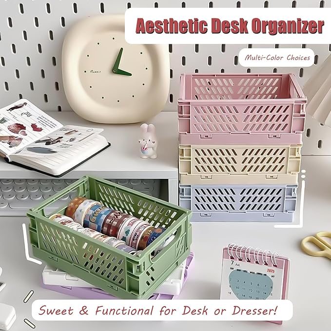 Tobeso-Nuoze Pastel Plastic Storage Baskets 2 Pack, Collapsible Crates for Organizing, Space-Saving Bins for Kitchen, Office, Bedroom (Purple, Small: 5.8"x 3.8" x 2.2")