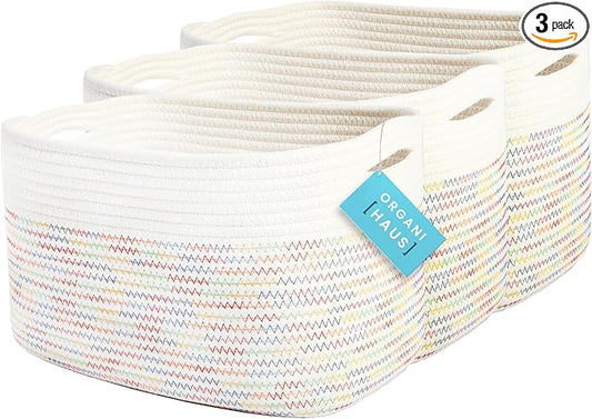 OrganiHaus Set of 3 Rainbow Baskets - Colorful Woven Storage Baskets for Playroom, Nursery & Classroom Decor, Toy Storage, Rainbow Stitches, 15x9x10