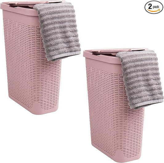 Mind Reader Slim Laundry Hamper with Lid, 40L Clothes Basket, Narrow Tapered Design with Ventilated Cutout Pattern, Plastic, Set of 2, Pink