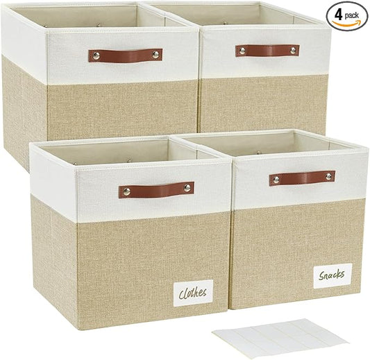 Bagnizer 13x15x13 Storage Cube Bins, Foldable Storage Organizer Baskets, Fabric Cube Storage Boxes with 2 Reinforced PU Handles for Kallax, Shelves, Living Room | 4 Pack, Beige & White
