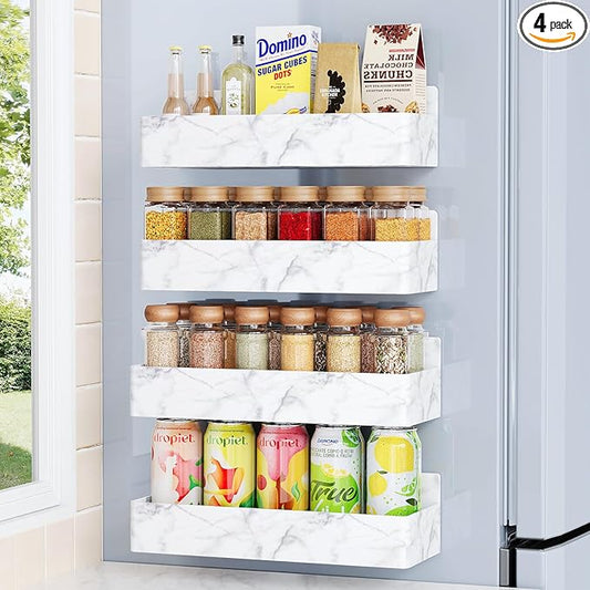 Mystozer Magnetic Spice Rack for Refrigerator, Kitchen Organizer and Storage Shelf, Marble(4 Pack)