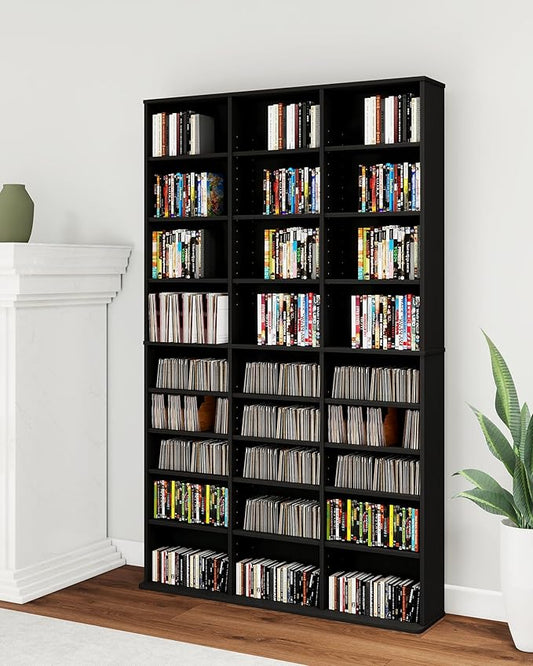 DVD Storage Shelf, 8-Tier Media Storage Cabinet with Adjustable Shelves for CDs, DVDs, Video Games, DVD Stand Tower for Living Room, Bedroom, Office, Black