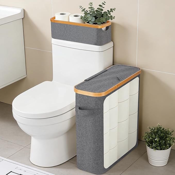 Livole 2-in-1 Toilet Paper Storage with Lid Toilet Paper Basket- 20 Regular Rolls or 15 Mega Rolls Extra Large Toilet Paper Organizer for Bathroom, Grey