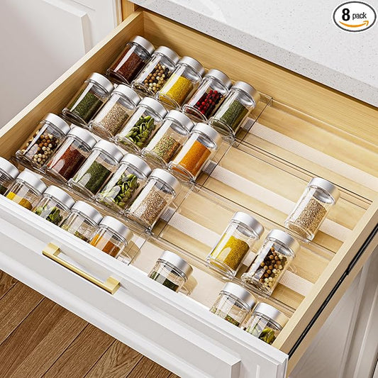 MIUKAA Acrylic Spice Drawer Organizer, 4 Tier - 8 Pack Seasoning Organizer for Drawer, Expandable From 13" to 26" Kitchen Drawer Spice Rack with Slip-Proof Mat (Jars not Included)