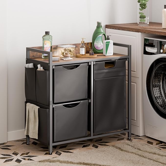 Mondeer Laundry Hamper with 3 Compartments, 100L Laundry Sorter with Wheels, Laundry Basket with Small Side Pockets and Pull-Out Removable Liners for Bedroom Bathroom