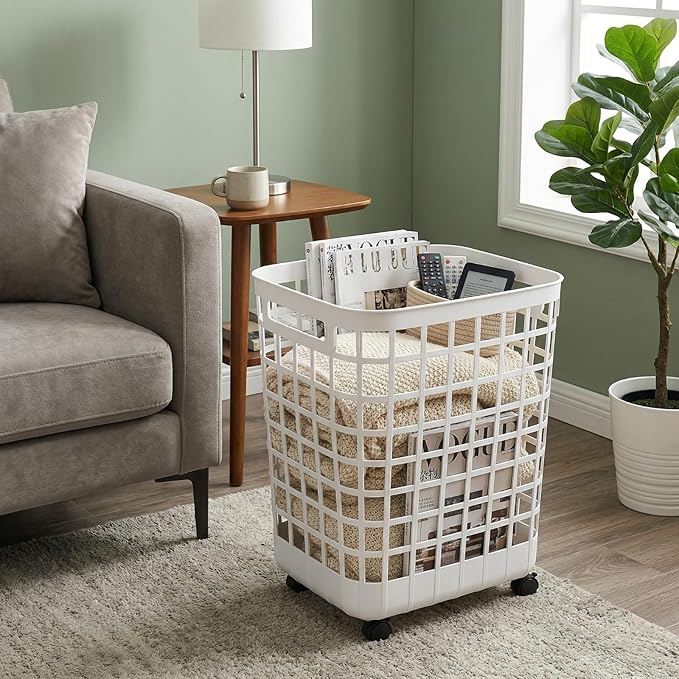 Rolling Laundry Hamper with Smooth-Glide Wheels, 2.6 Bushel Large Capacity Plastic Clothes Basket, Tall Ventilated Open-Top Bin for Easy Access, No Assembly Required Space Saving Storage, White