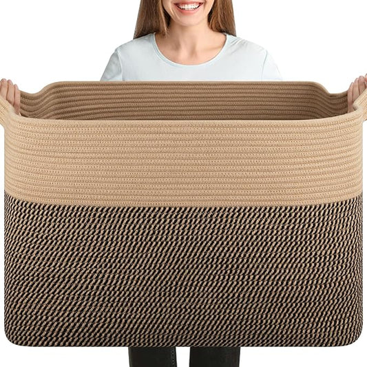 OIASKET XXXL Supre Large Blanket Basket for Clothes, Towels, Pillows, 108L Cotton Rope Storage Basket for Living Room, Supre Large Woven Toy Storage for Kids, 25" x 16" x 16", Brown and Black