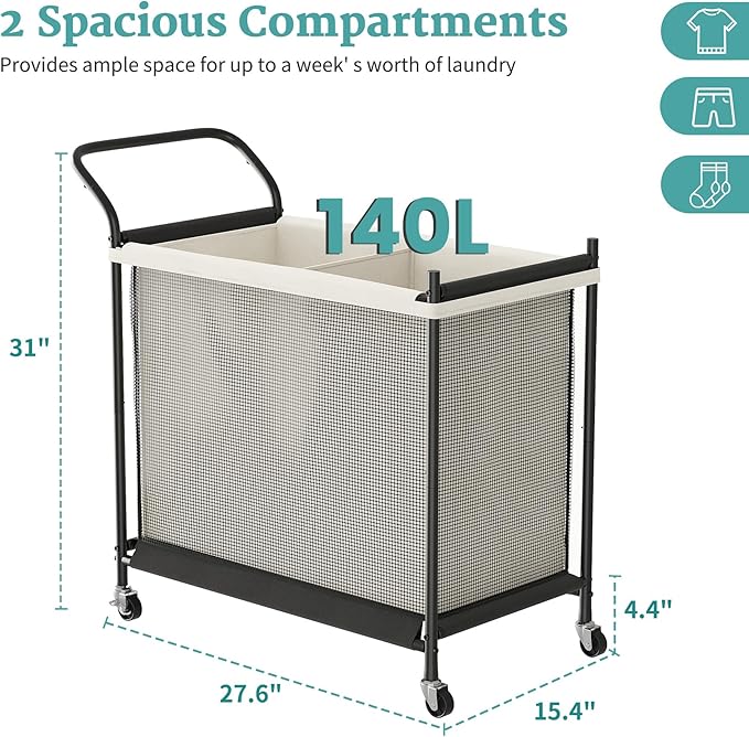 Laundry Hamper with Wheels - 2 Section Laundry Basket 140L, Removable Washable Bags, Height-Fitted Rolling Laundry Cart for Laundry Room & Bedroom