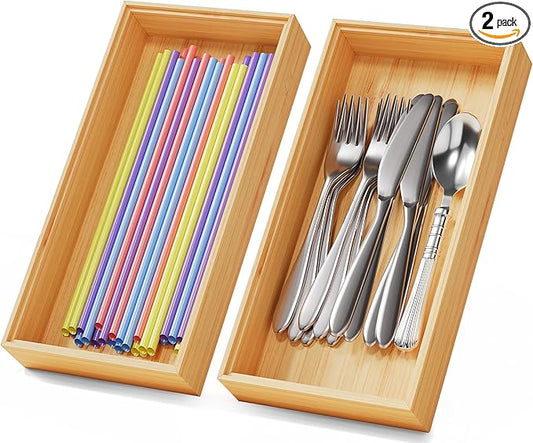 Bamboo Kitchen Drawer Organizer Set of 2, Stackable 12" x 6" Wood Silverware Utensil Tray for Drawers Bins, Cutlery & Flatware Storage – Wooden Boxes Organizers for Junk Drawer, Bathroom, RV